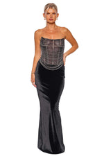 MARIAH BLACK DRAPED CRYSTAL CHAIN MAXI DRESS