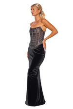 MARIAH BLACK DRAPED CRYSTAL CHAIN MAXI DRESS