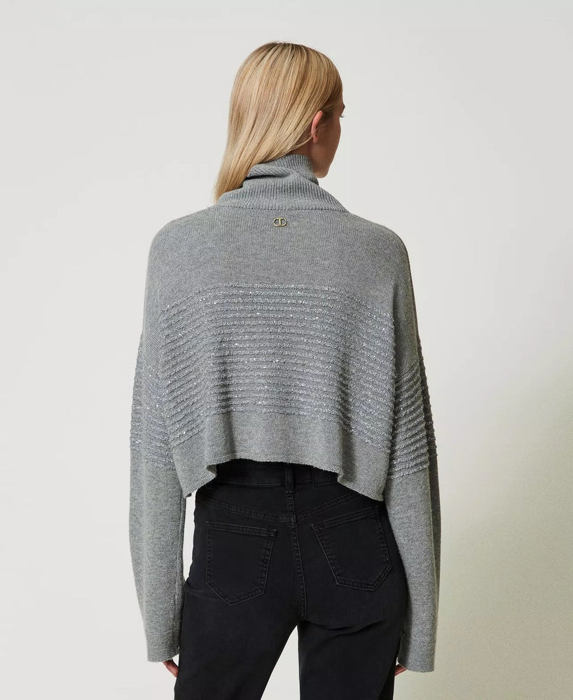 Rollkragenpullover aus Wollmischung mit Pailletten