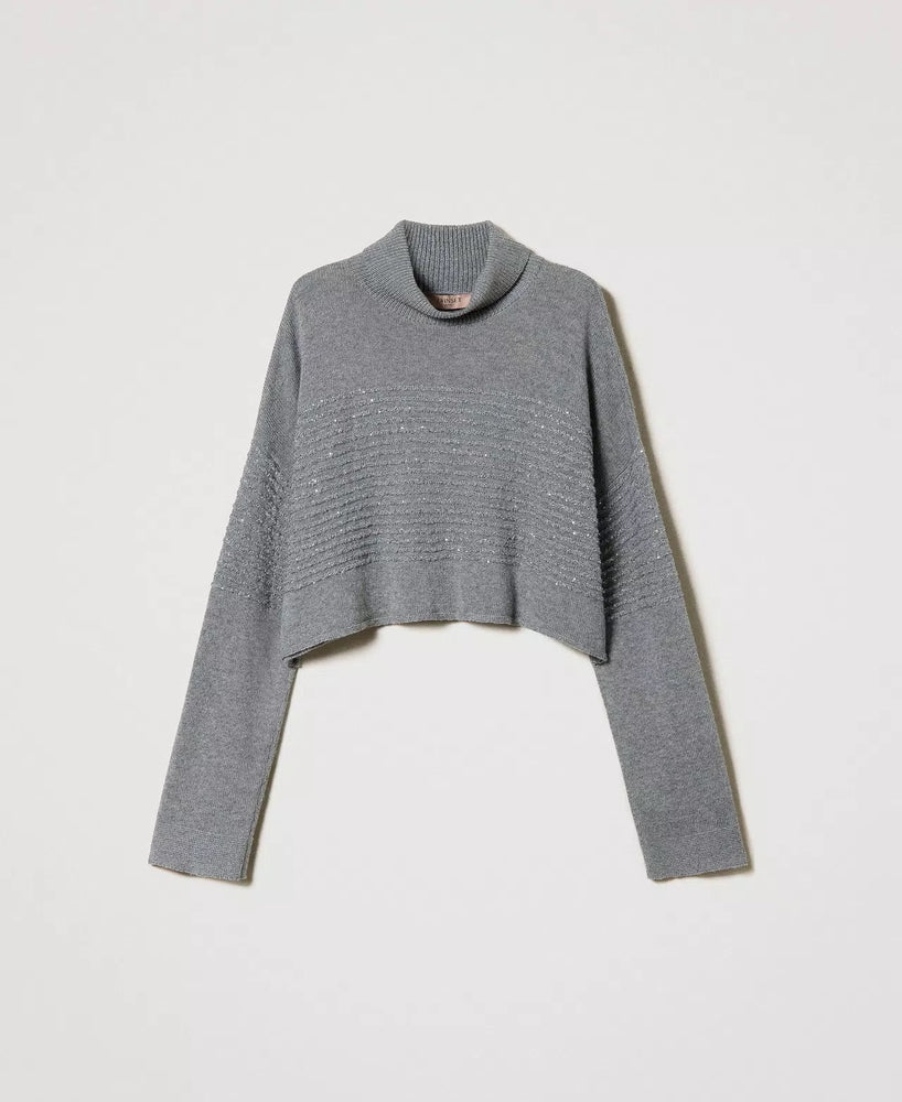 Rollkragenpullover aus Wollmischung mit Pailletten