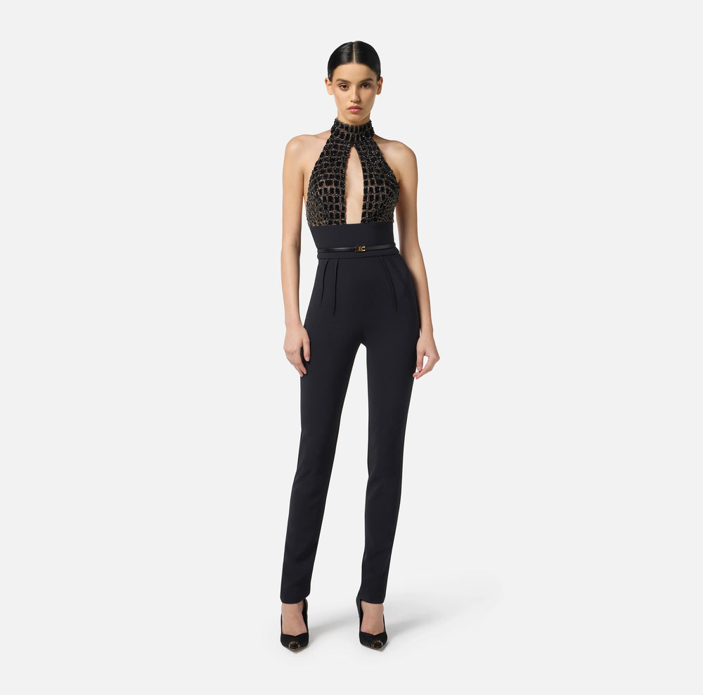 Jumpsuit aus Tüll und Crêpe mit Kokosnuss-Stickereien