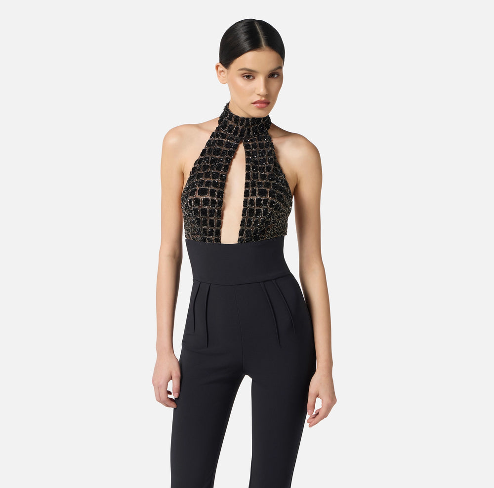 Jumpsuit aus Tüll und Crêpe mit Kokosnuss-Stickereien